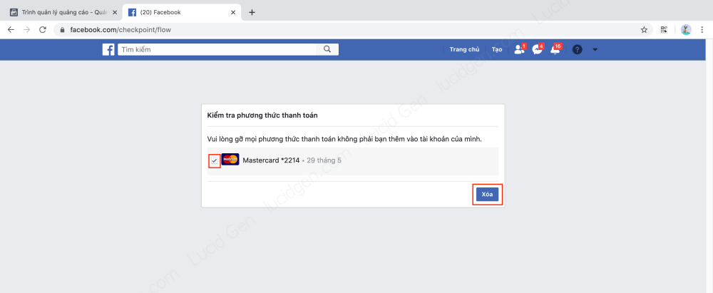Chọn và gỡ thẻ Visa khỏi tài khoản quảng cáo Facebook